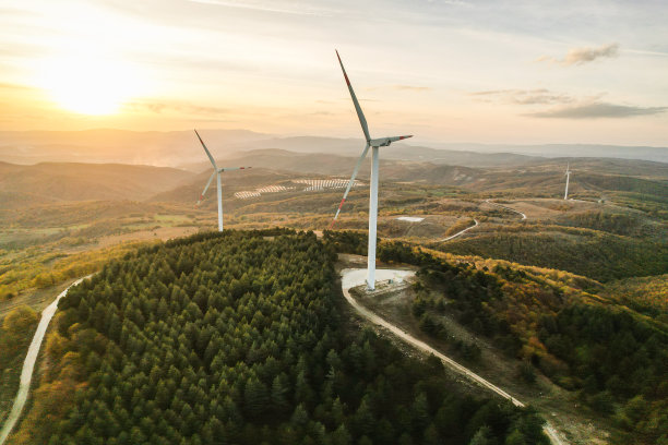 森林地区的风力涡轮机和太阳能电池板图片下载