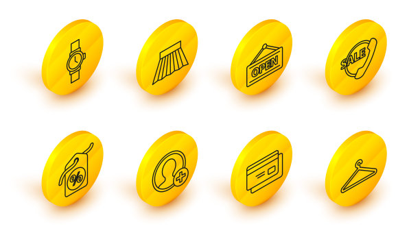 设置线衣架衣柜，信用卡，创建帐户屏幕，折扣百分比标签，电话24小时支持，挂标志与开放，裙子和腕表图标。向量图片下载