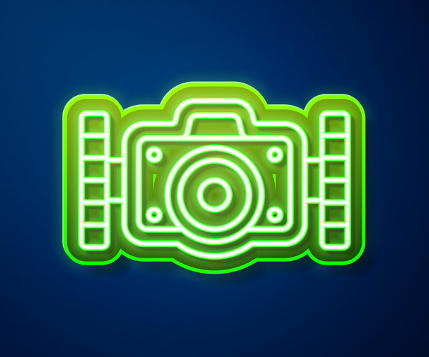 发光的霓虹灯线照片相机潜水员图标孤立的蓝色背景。摄影相机图标。水下潜水设备。向量图片下载