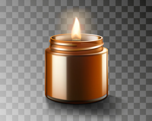 燃烧香大豆和椰子蜡蜡烛在棕色玻璃罐隔离透明的背景。平静的蜡烛。天然香精蜡烛在一个琥珀罐。芳香疗法和放松。逼真的三维矢量图片下载