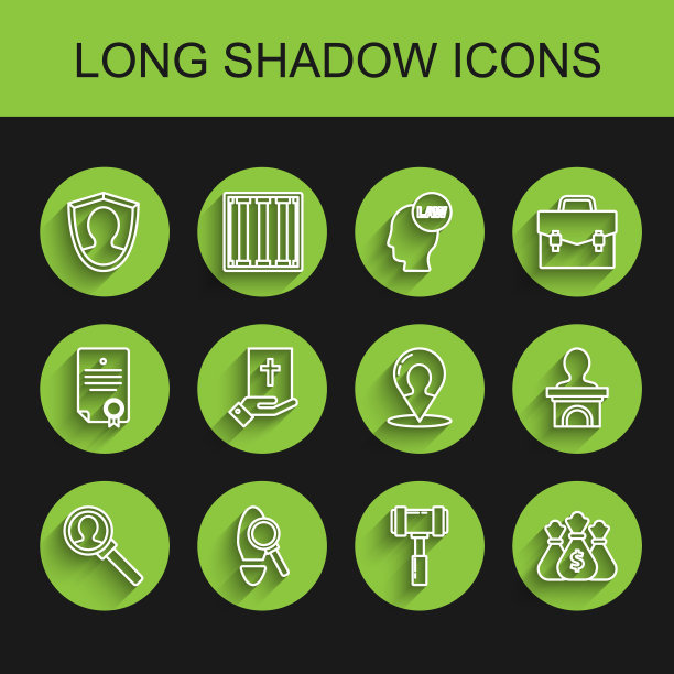 放大镜搜索、脚印、用户保护、法官 gavel、钱袋、圣经誓言、讲台和地图标记人像图标组合图案，矢量素材图片下载