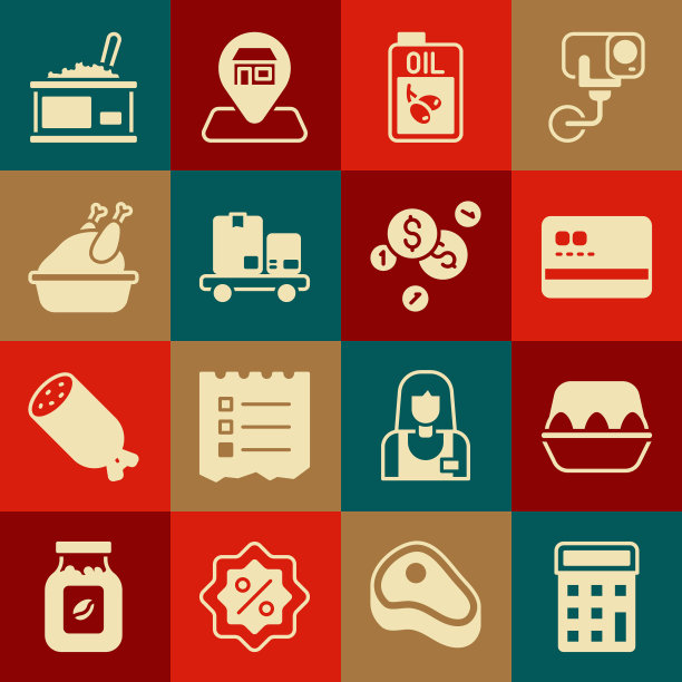 集计算器，鸡蛋在盒子里，信用卡，一瓶橄榄油，手推车和盒子，烤火鸡，锡罐头与鱼子酱和硬币钱美元图标。向量图片下载