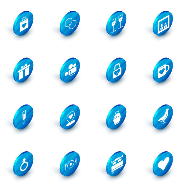 集结婚戒指，香槟，家庭照片，礼盒，电影相机，咖啡杯和心脏和锁图标。向量图片下载