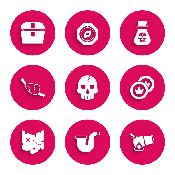 设置骷髅，烟斗，大炮，海盗硬币，藏宝图，眼罩和古董箱子图标。向量图片下载