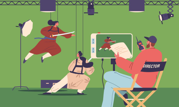 动态电影工作室场景，导演管理武士激烈的精心设计的战斗。精密阻塞图片下载
