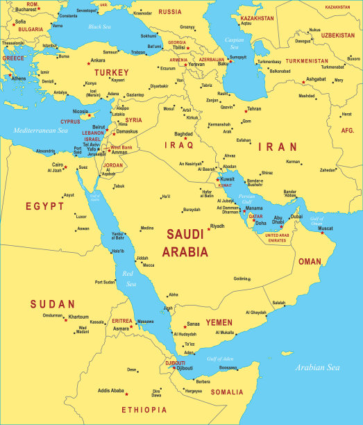 中东地图。矢量彩色中东地图图片下载