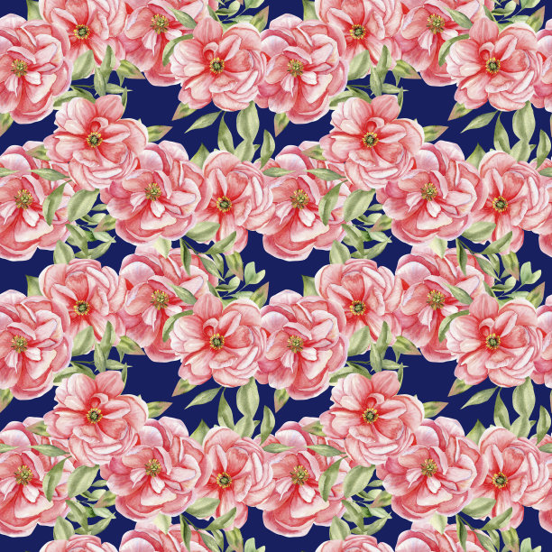 水彩粉红牡丹艺术无缝图案。手绘花卉背景纺织品，剪贴簿，纸设计。花园淡粉色的花在深蓝色的背景上图片下载