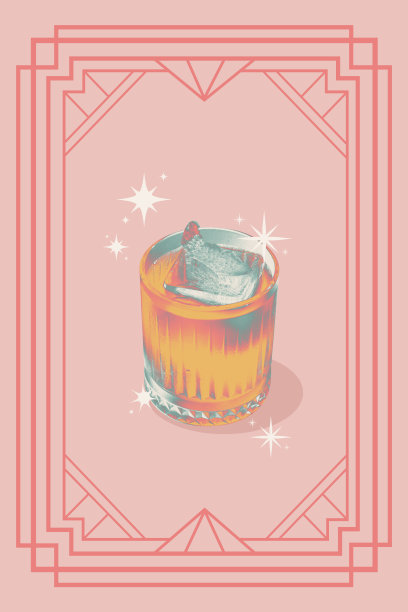 海报。当代艺术拼贴。创意复古艺术品。冷波旁威士忌与冰块在复古的颜色过滤器在优雅的框架对粉红色的背景。图片下载