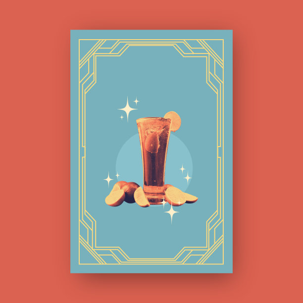 海报。当代艺术拼贴。创意复古艺术品。高脚杯的酒精饮料配上复古滤镜的柠檬角。酒吧的概念。图片下载