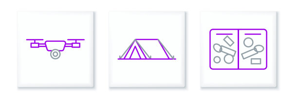 设置线护照页与签证邮票，无人机飞行行动摄像机和旅游帐篷图标。向量图片下载