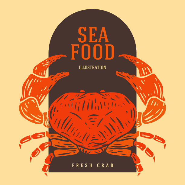 螃蟹在卡通手绘复古风格。现实的复古剪影海洋动物。品牌餐厅，商店的设计元素。素描矢量插图。图片下载