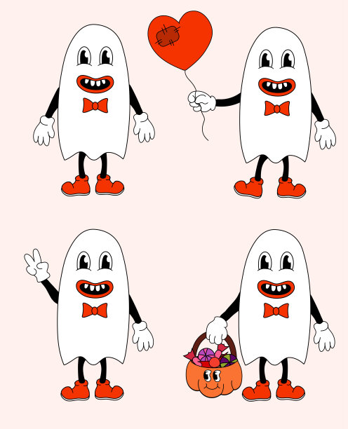 复古集70年代，60年代，80年代，嬉皮士，时髦的万圣节鬼魂可爱的男孩。拿着心脏气球。做个和平手势。带了南瓜和糖果。矢量平面插图。图片下载