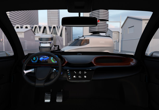 自动驾驶汽车内部在十字路口停车图片下载