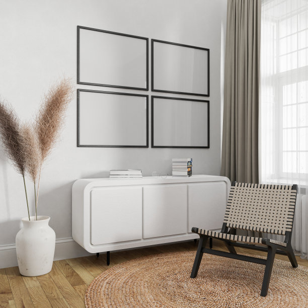 模型海报框架室内背景客厅舒适的斯堪的纳维亚风格在空图片和沙发在插图3d渲染。图片下载