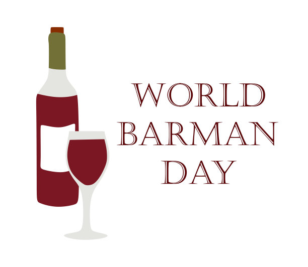 国际调酒师日英文海报。在世界酒保日送一瓶红酒和一个葡萄酒杯。矢量平面对象隔离在白色。横幅，卡片插图。饮料的概念图片下载