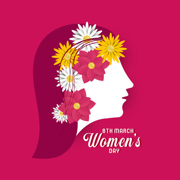 3月8日，庆祝国际妇女节快乐，粉色背景上的女孩脸和装饰花图片下载