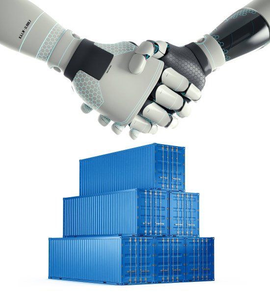 机器人的手和后面的容器握手图片下载