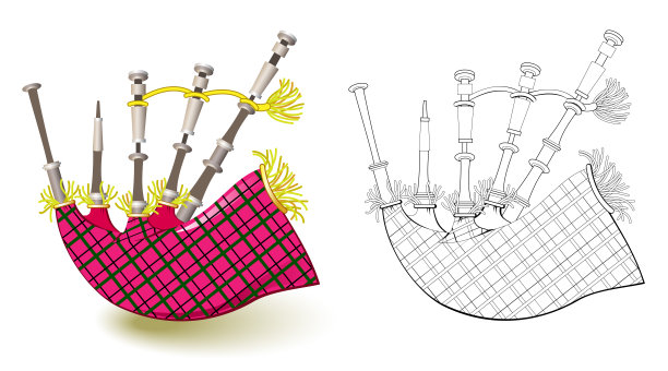 彩色和黑白图案为着色。古代苏格兰民间木管乐器风笛的奇幻插画。为儿童和成人着色书的可打印工作表。图片下载