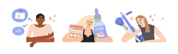 每天的美容程序。与喜欢化妆和护肤产品或梦想购物的女孩一起设置。图片下载