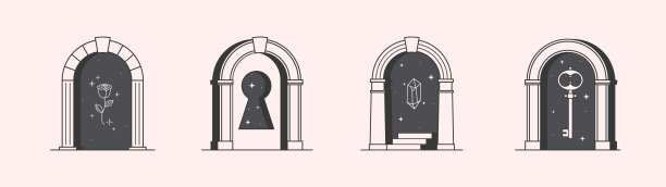 向量神秘的标志设计模板与门户，步骤，神奇的花，星星，宝石和钥匙图片下载