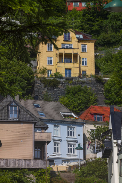 山坡上的房屋和企业组成了挪威的卑尔根市图片下载