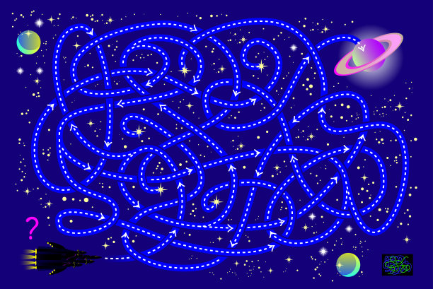 逻辑益智游戏与迷宫为儿童和成人。帮助宇宙飞船在宇宙中找到到达地球的路。可打印页面脑筋急转弯书。矢量卡通图像。图片下载