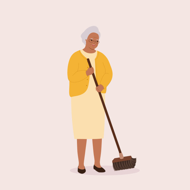 黑人老年妇女用扫帚扫地。图片下载