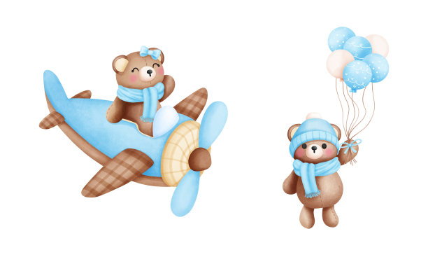 一套水彩蓝色的泰迪熊宝宝在飞机和气球上飞行的插图。图片下载