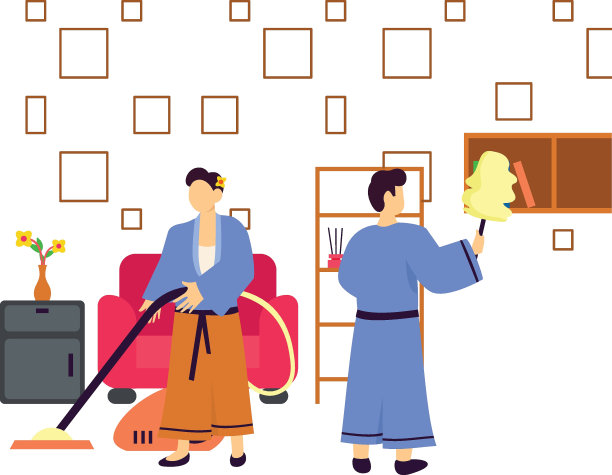 夫妇在农历新月概念前打扫他们的房子，努力整理他们的家，准备矢量设计，中国除夕标志，龙年标志，中国春节图片下载