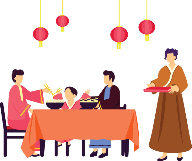 团圆饭概念，人们正在吃面条和饺子矢量设计，除夕夜符号，龙年标志，中国春节场景股票插图图片下载