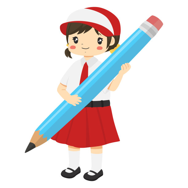 印度尼西亚学生女孩拿着一个大的蓝色铅笔字符矢量图片下载