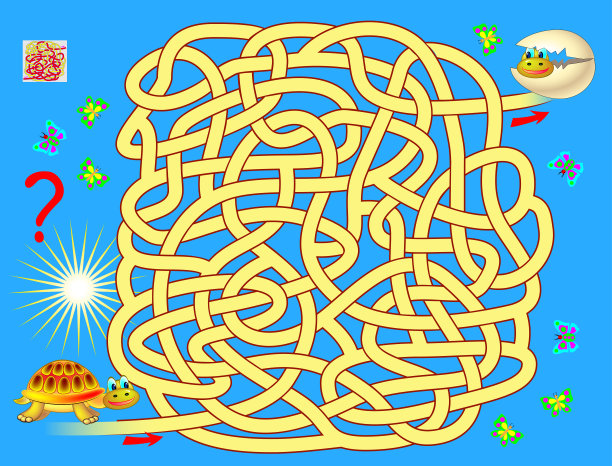逻辑益智游戏与迷宫为儿童和成人。帮助海龟找到通往蛋的路，蛋已经孵出了他的孩子。可打印页面脑筋急转弯书。矢量卡通图像。图片下载