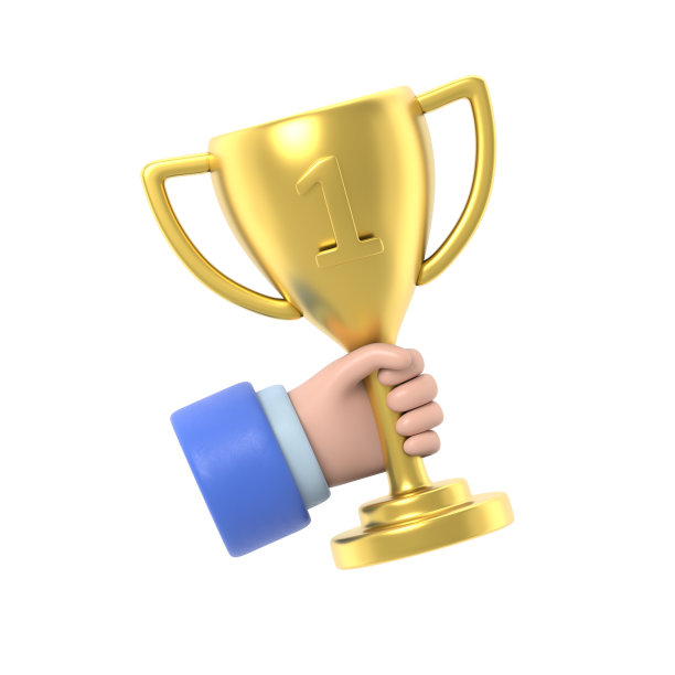 明星奖手握赢家。金色的奖杯。3d插图平面风格设计。首位。胜利奖。获得成就。成功的象征，冠军。白色背景的3D渲染。图片下载