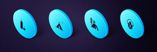 设置等距水壶，旅游帐篷，旗帜和保温瓶容器图标。向量图片下载