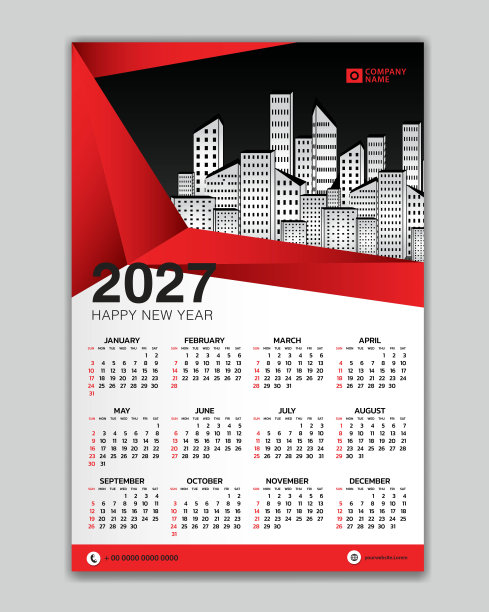 墙上日历2027年红色多边形模板矢量与地方的照片和标志。一周从周日开始。台历2027设计，一套12个月，印刷介质，海报，日历2027设计图片下载