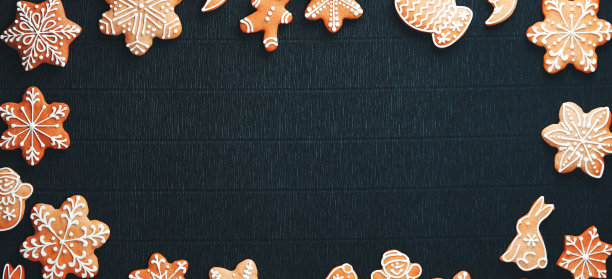 工艺圣诞边界的釉面饼干与文字的地方在黑暗的背景。从上面看。新年快乐。宽的照片图片下载