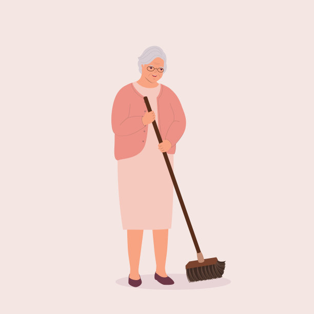 老年妇女用扫帚扫地。图片下载