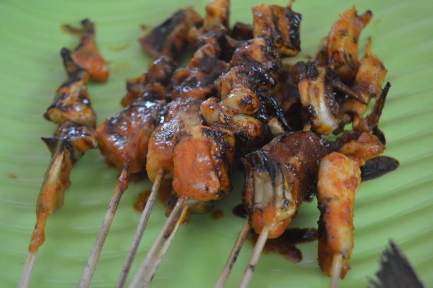 鱿鱼沙爹配酱油菜上青菜盘，海鲜上海滩图片下载