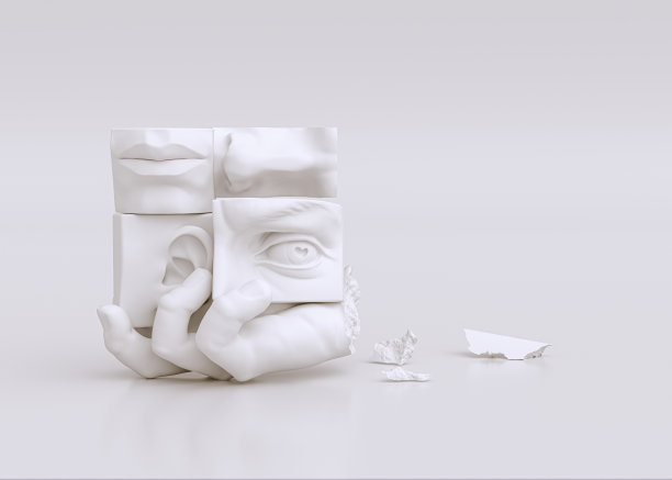 人类的五种感官概念:嗅觉、触觉、视觉、味觉、听觉。3d渲染部分面部、感官和手部的白色雕塑图片下载