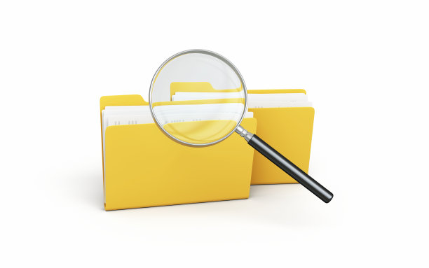 带有放大镜图标的黄色文件夹和文档，研究概念对象+阴影路径图片下载