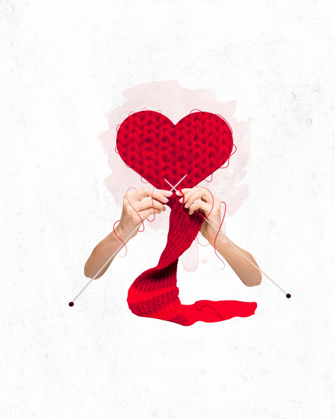 海报。当代艺术拼贴。双手编织红色的大心形辐条作为关注和温暖的奖品。情人节的概念，爱图片下载