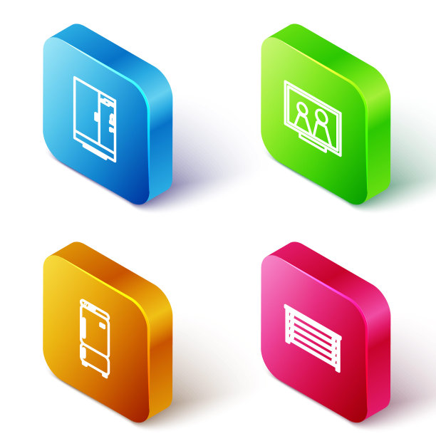 设置等距线淋浴房，相框在桌子上，冰箱和抽屉柜的图标。向量图片下载