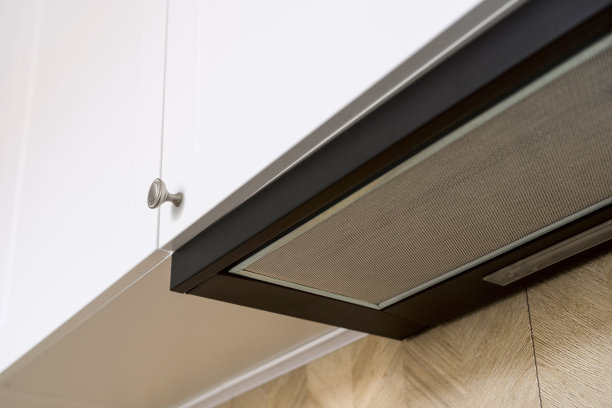 现代厨房橱柜下抽油烟机的低角度视图图片下载