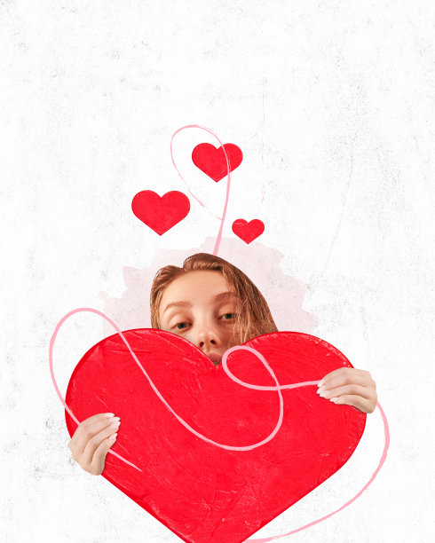 海报。当代艺术拼贴。做我的情人吧。年轻美丽，有爱心的女孩在白纸工艺背景上画着大大的心。图片下载