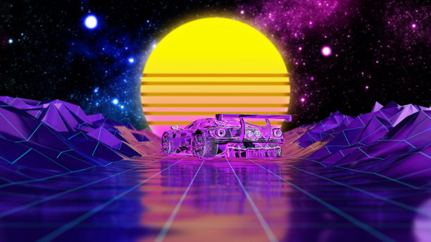 紫色普通跑车站在道路上对1980年代的风格复古浪潮日落背景图片下载