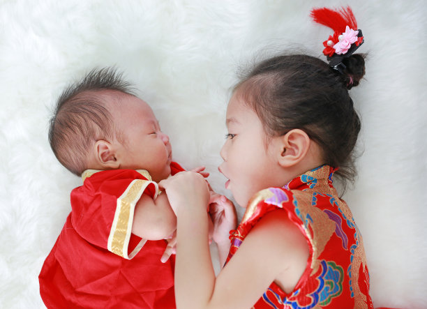 可爱的亚洲小女孩和穿着旗袍的小男孩在传统的中国新年期间被隔离在白色的背景上。图片下载