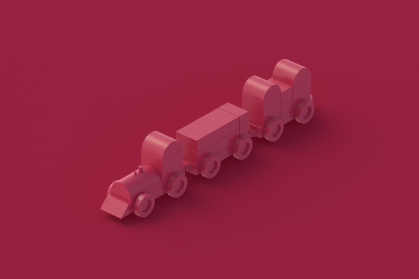 红色背景上的品红玩具火车。三维渲染图片下载