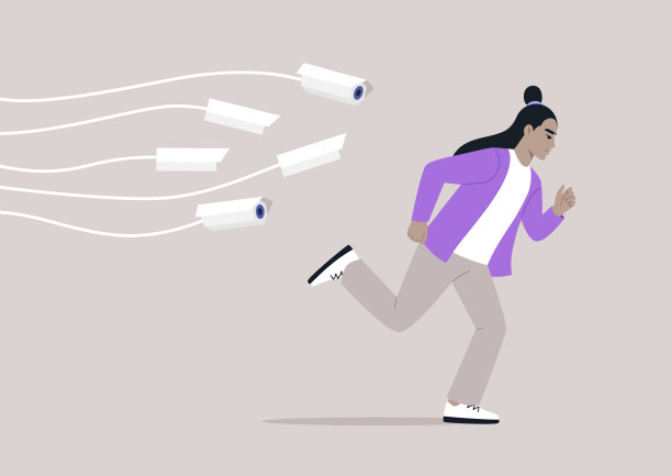 一个年轻的角色在城市景观中奔跑，被无处不在的闭路电视摄像机侵入式的目光所追踪，这令人不寒而栗地提醒着我们现代社会对隐私的侵犯图片下载