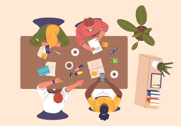 动态商业讨论的俯视图，专业人士参与战略会谈，分享想法图片下载