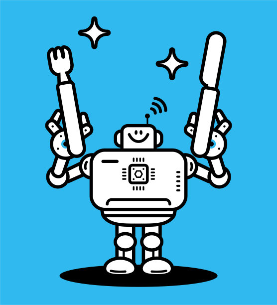 人工智能机器人厨师手持勺子和叉子，《未来盛宴:机器人精准用餐》图片下载